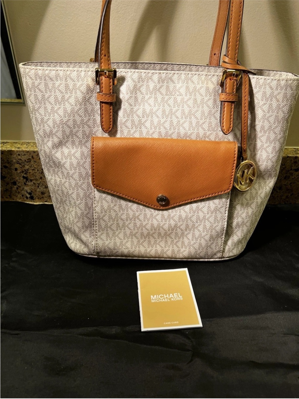 Michael Kors Tan and Vanilla Logo Tote Shoulder Bag with Cell Phone Pocket